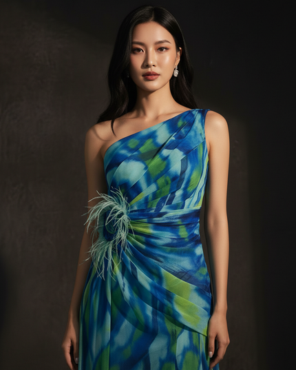 One-Shoulder Chiffon Abendkleid mit Beinschlitz - Ansicht 4