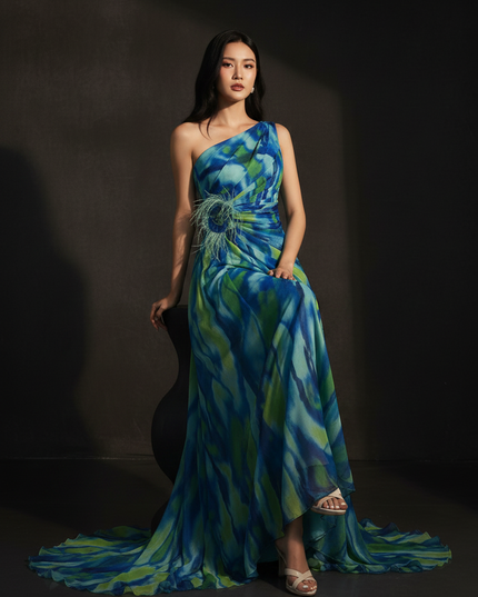One-Shoulder Chiffon Abendkleid mit Beinschlitz - Ansicht 5