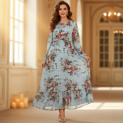 Hellblaues Langarm Chiffonkleid mit Blumenprint - Ansicht 1