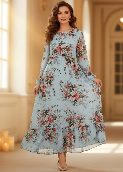 Hellblaues Langarm Chiffonkleid mit Blumenprint - Ansicht 1