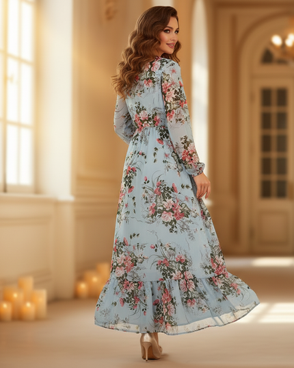 Hellblaues Langarm Chiffonkleid mit Blumenprint - Ansicht 2