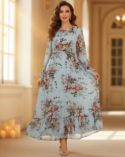 Hellblaues Langarm Chiffonkleid mit Blumenprint - Ansicht 3