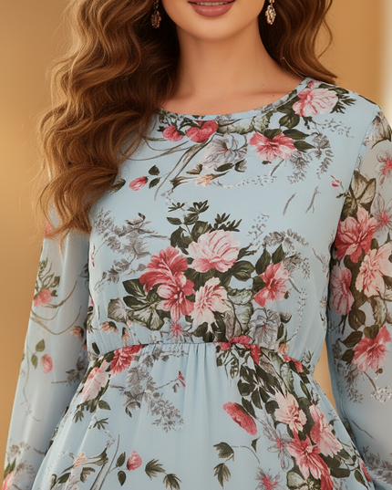 Hellblaues Langarm Chiffonkleid mit Blumenprint - Ansicht 4