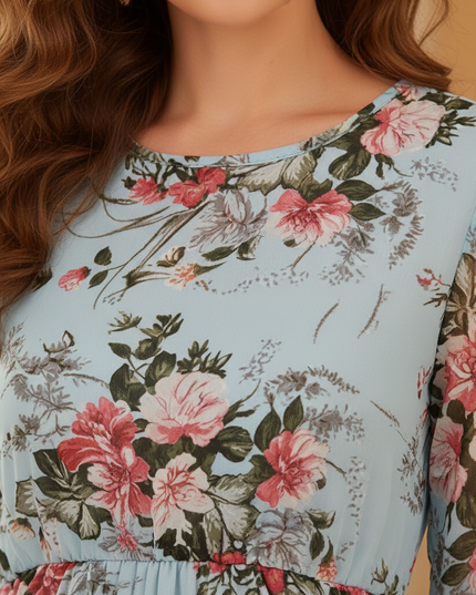 Hellblaues Langarm Chiffonkleid mit Blumenprint - Ansicht 5