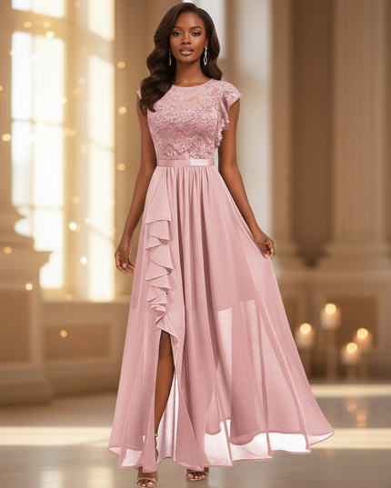Rosa langes Kleid mit feiner Spitze - Ansicht 1