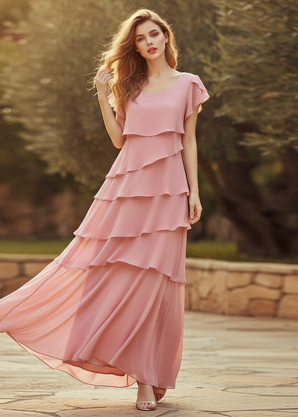 Rosa Chiffonkleid mit Volants - Ansicht 1