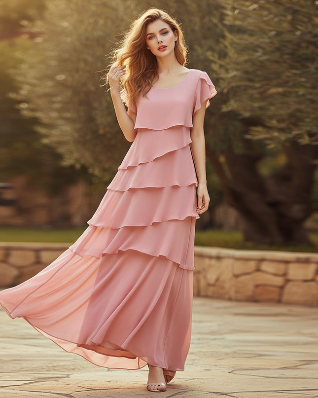 Rosa Chiffonkleid mit Volants - Ansicht 1