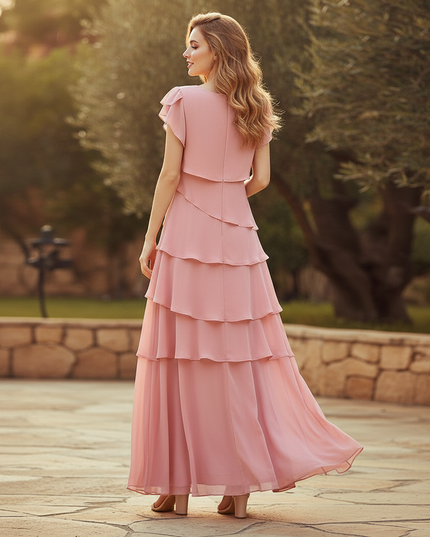 Rosa Chiffonkleid mit Volants - Ansicht 2