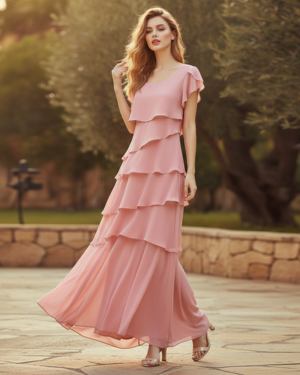 Rosa Chiffonkleid mit Volants - Ansicht 3
