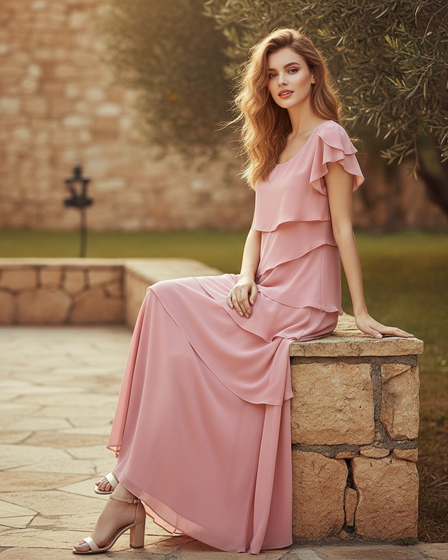 Rosa Chiffonkleid mit Volants - Ansicht 5