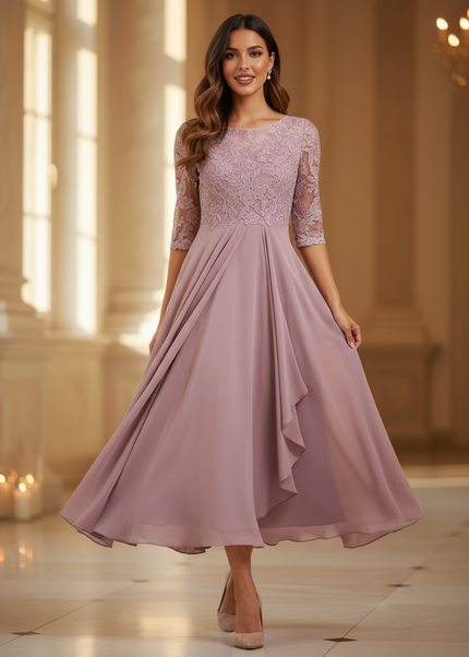 Rosa Chiffon-Midikleid mit feiner Spitze - Ansicht 1