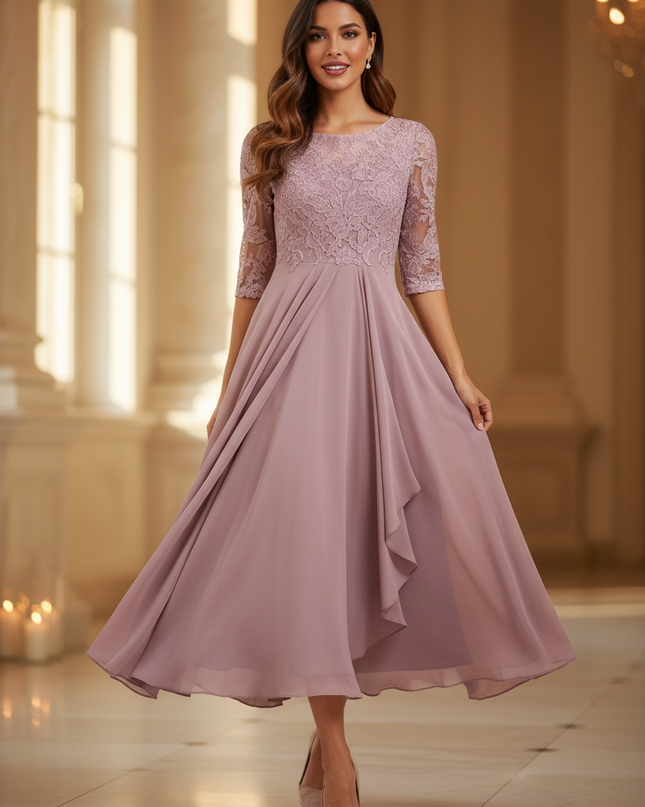 Rosa Chiffon-Midikleid mit feiner Spitze - Ansicht 1