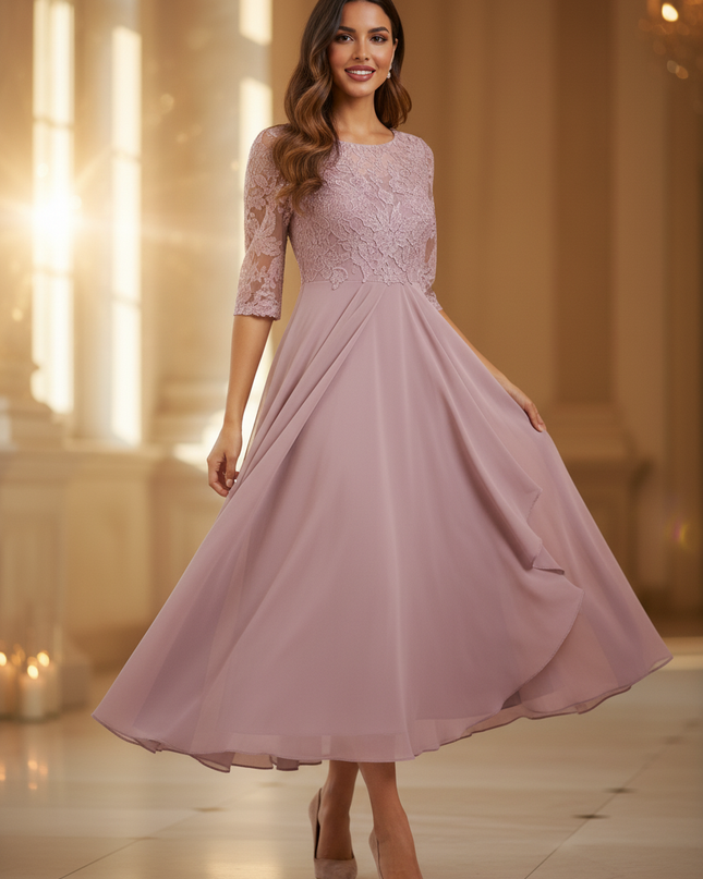 Rosa Chiffon-Midikleid mit feiner Spitze - Ansicht 3