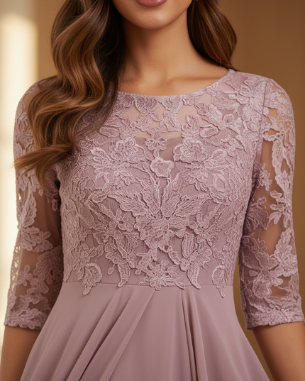 Rosa Chiffon-Midikleid mit feiner Spitze - Ansicht 4