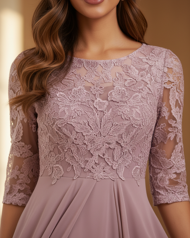 Rosa Chiffon-Midikleid mit feiner Spitze - Ansicht 4
