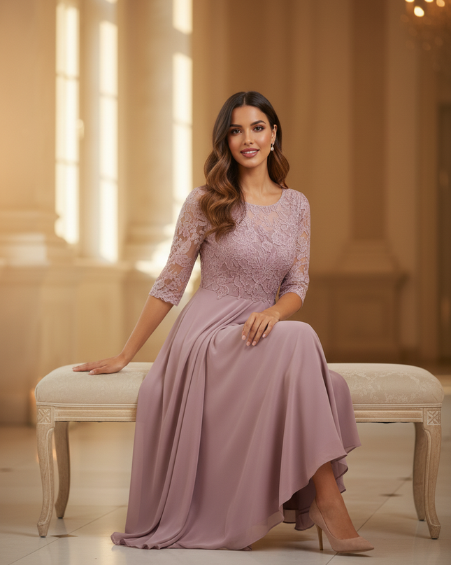 Rosa Chiffon-Midikleid mit feiner Spitze - Ansicht 5