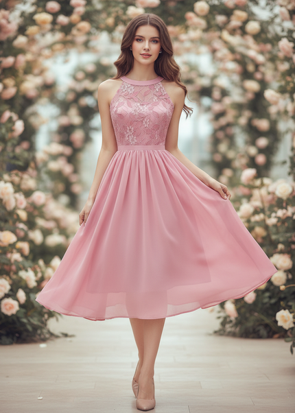 Rosa Chiffonkleid mit Neckholder - Ansicht 1