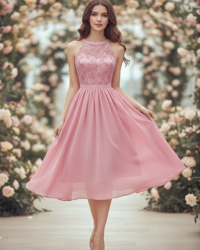 Rosa Chiffonkleid mit Neckholder - Ansicht 1