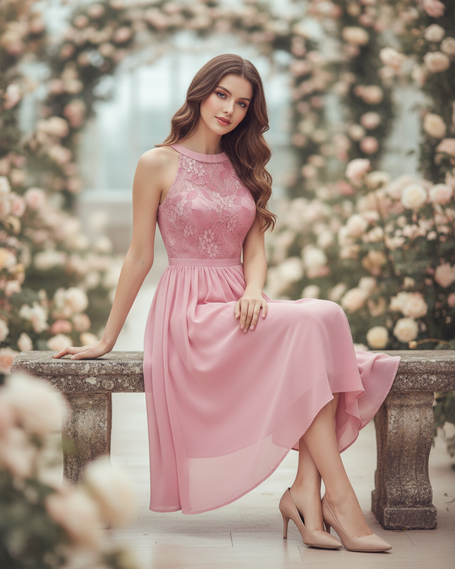 Rosa Chiffonkleid mit Neckholder - Ansicht 5