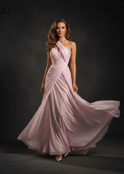 Rosa Abendkleid mit One-Shoulder-Schnitt - Ansicht 1