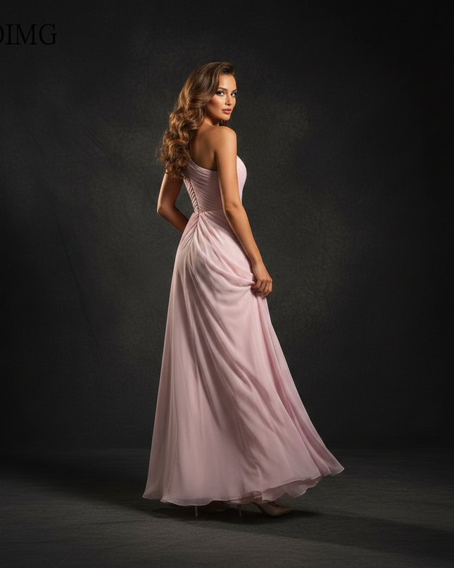 Rosa Abendkleid mit One-Shoulder-Schnitt - Ansicht 2