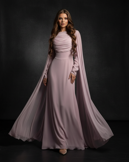 Rosa Chiffonkleid mit elegantem Cape - Ansicht 1