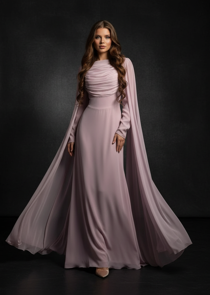 Rosa Chiffonkleid mit elegantem Cape - Ansicht 1