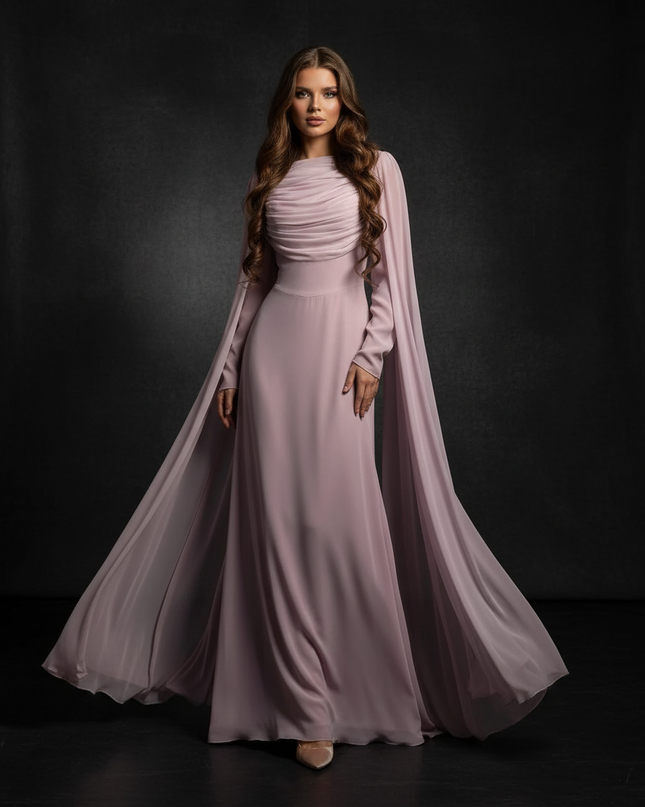 Rosa Chiffonkleid mit elegantem Cape - Ansicht 1
