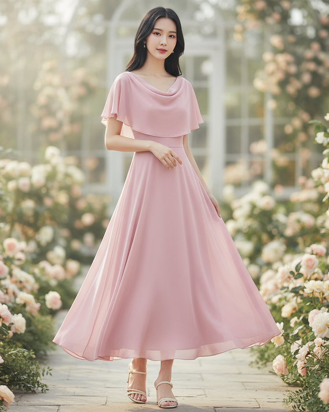 Rosa Chiffon-Midikleid - Ansicht 1