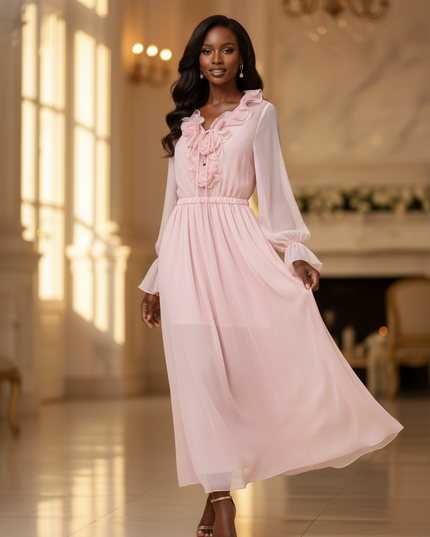 Rosa kurzes Kleid mit 3D-Blumendetails - Ansicht 3