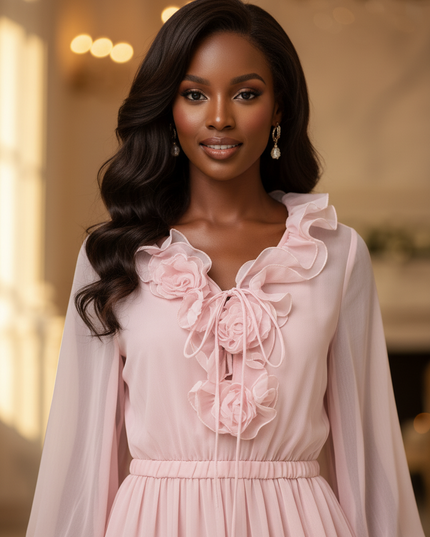 Rosa kurzes Kleid mit 3D-Blumendetails - Ansicht 4