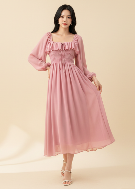 Rosa langes Chiffonkleid - Ansicht 1