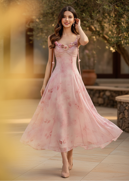 Rosa Chiffon-Midikleid mit Blumenmuster - Ansicht 1
