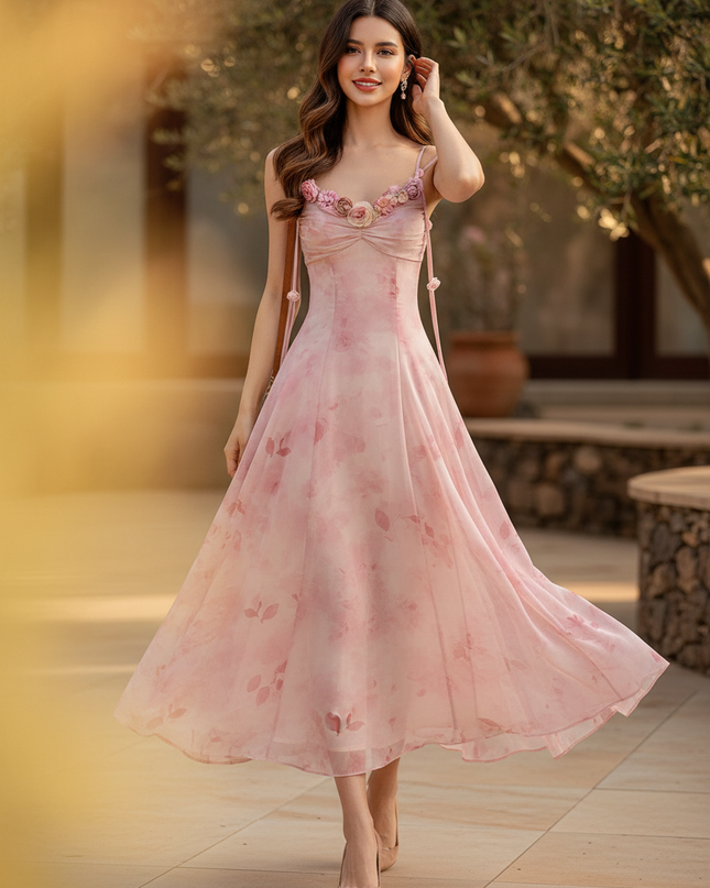 Rosa Chiffon-Midikleid mit Blumenmuster - Ansicht 1