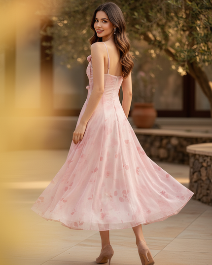 Rosa Chiffon-Midikleid mit Blumenmuster - Ansicht 2