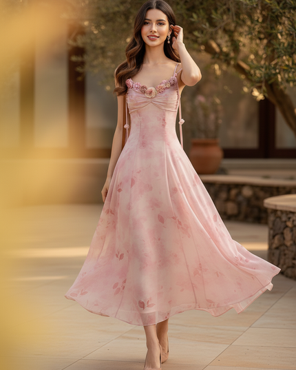Rosa Chiffon-Midikleid mit Blumenmuster - Ansicht 3