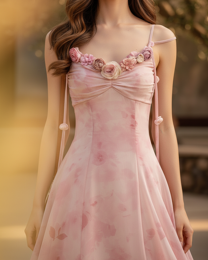 Rosa Chiffon-Midikleid mit Blumenmuster - Ansicht 4