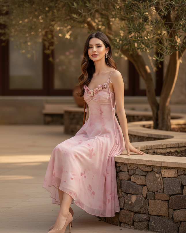 Rosa Chiffon-Midikleid mit Blumenmuster - Ansicht 5
