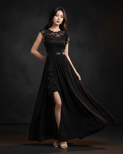 Schwarzes Chiffonkleid mit Schlitz - Ansicht 1