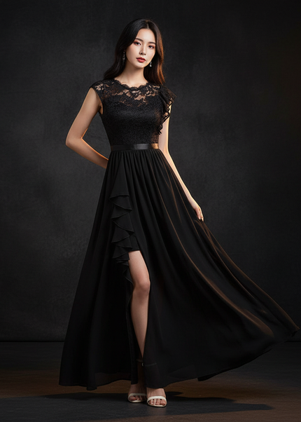 Schwarzes Chiffonkleid mit Schlitz - Ansicht 1