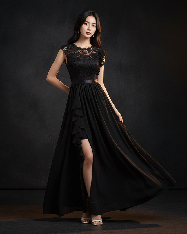 Schwarzes Chiffonkleid mit Schlitz - Ansicht 1
