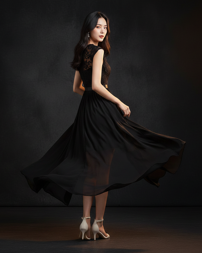 Schwarzes Chiffonkleid mit Schlitz - Ansicht 2