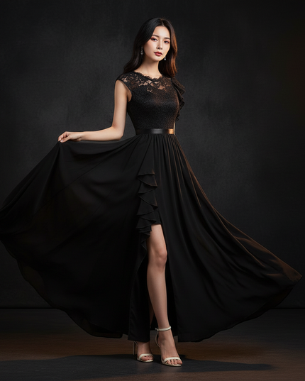 Schwarzes Chiffonkleid mit Schlitz - Ansicht 3