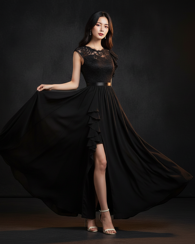 Schwarzes Chiffonkleid mit Schlitz - Ansicht 3
