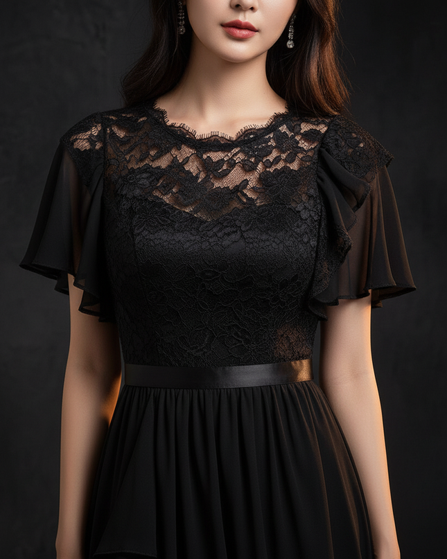 Schwarzes Chiffonkleid mit Schlitz - Ansicht 4