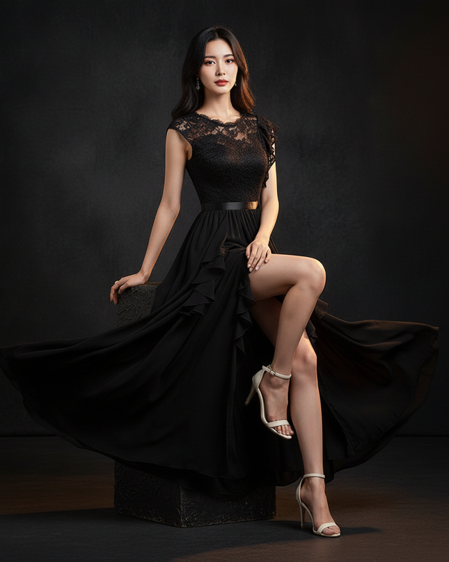 Schwarzes Chiffonkleid mit Schlitz - Ansicht 5