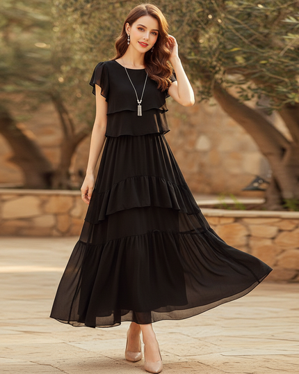 Kurzes Schwarzes Chiffonkleid mit Ruschenrock - Ansicht 1