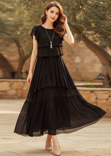 Kurzes Schwarzes Chiffonkleid mit Ruschenrock - Ansicht 1