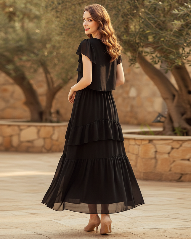 Kurzes Schwarzes Chiffonkleid mit Ruschenrock - Ansicht 2
