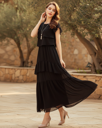 Kurzes Schwarzes Chiffonkleid mit Ruschenrock - Ansicht 3